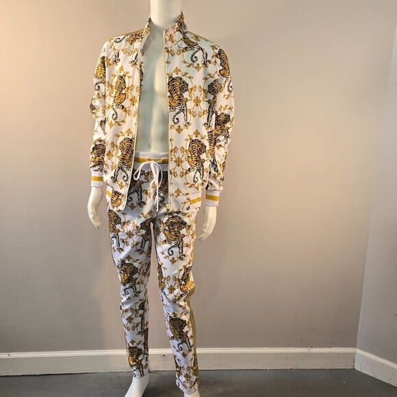 Tiger Print Track Suit Set G -Style USA Mens Sz M Animal Print Gold Accents - Picture 2 of 11